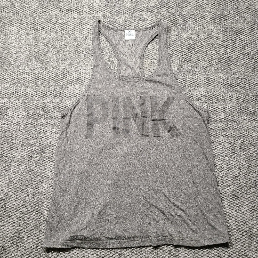 Victoria's Secret PINK Gray Lace Logo Racerback Tank Top Women's Large Y2K